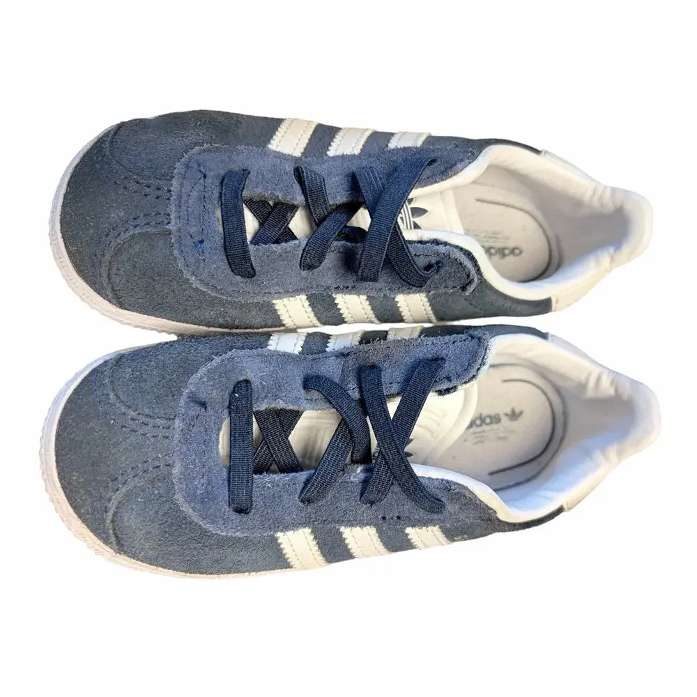 Adidas Gazelle Kids Blue White Suede Sneakers Hook Loop Ortholite Shoes